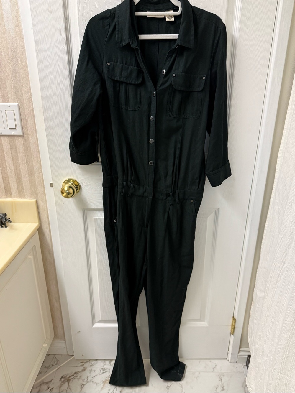 DKNY Jeans Utility Jumpsuit Size 10 Black Cotton Rayon Pockets Button